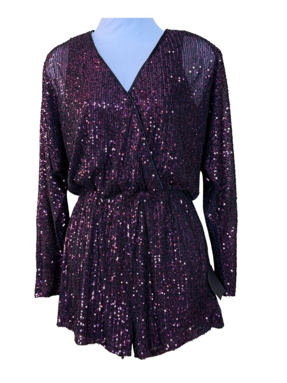 Lulus Party 'til Morning Dark Magenta Long Sleeve Surplice Romper Small NWT